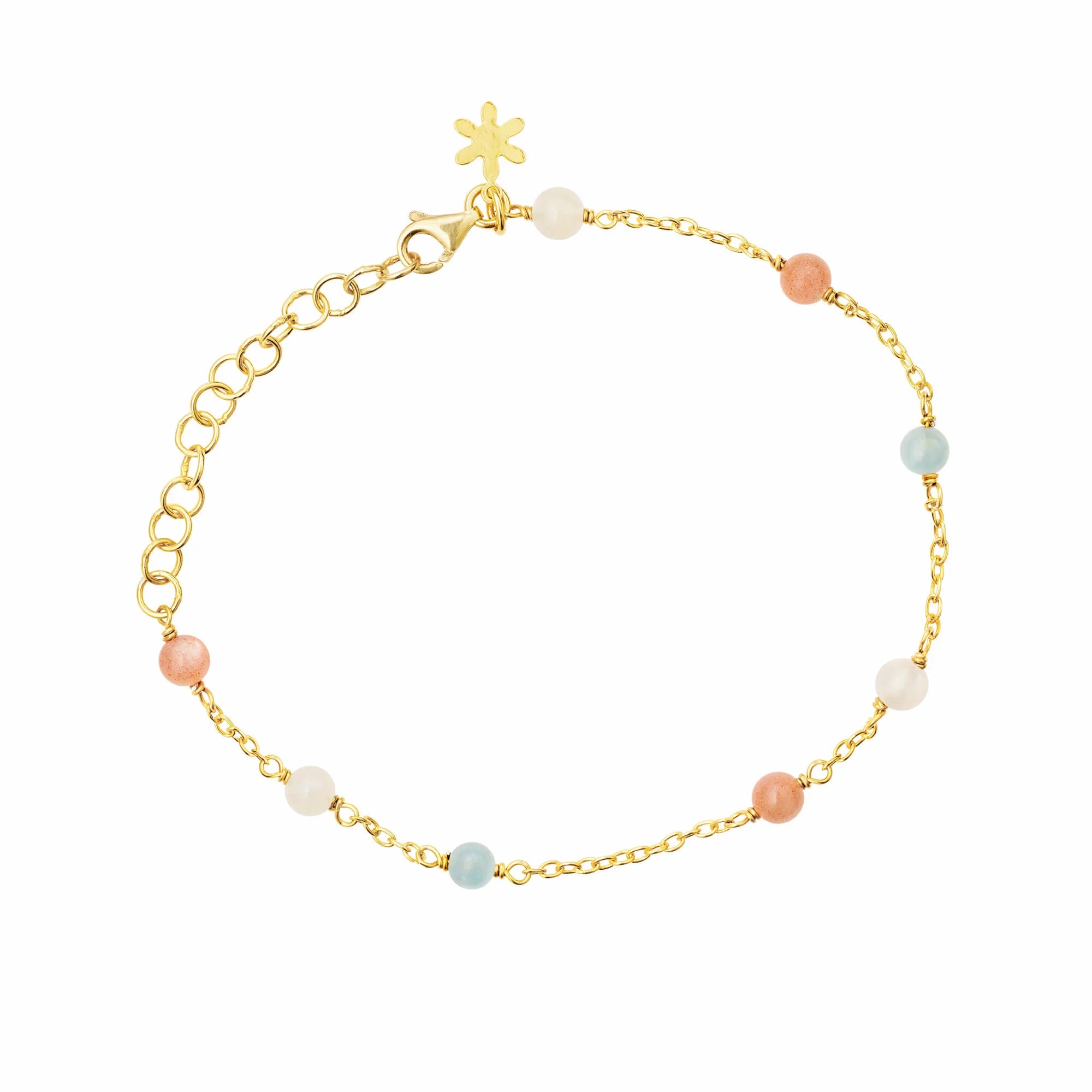 Sølvforg. armbånd m. akvamarin, hvid og peach måne