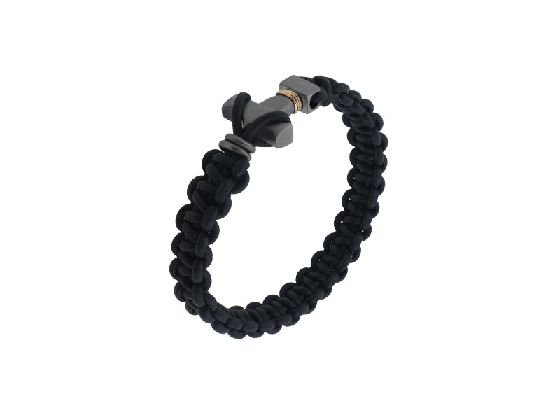 Læderarmbånd sort flet m/titan Thorshammer, 18 kt guldtråd