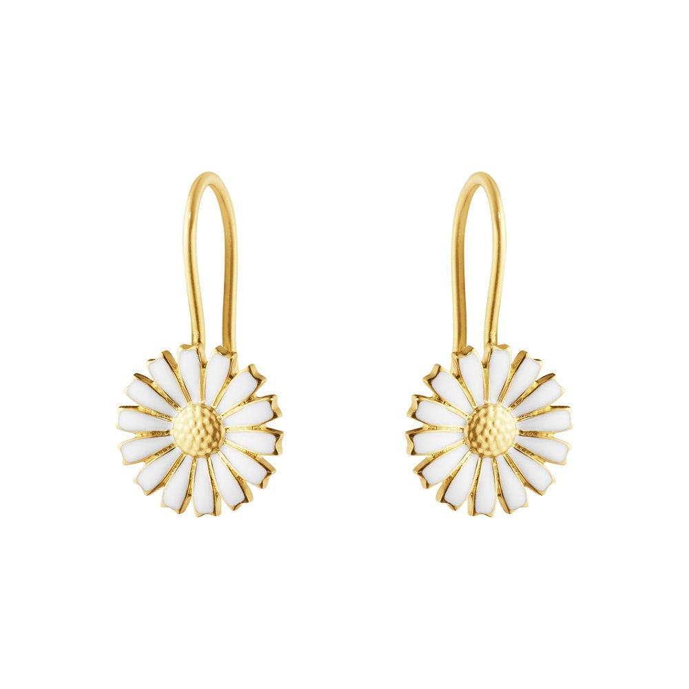 Daisy forgyldte ørehængere m/hvid emalje 11 mm.