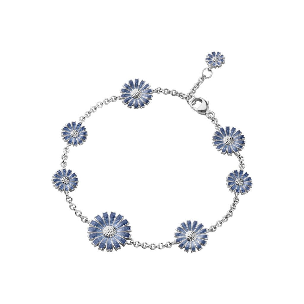 Daisy 8 blomst armbånd sølv m/blå emalje 18,5cm