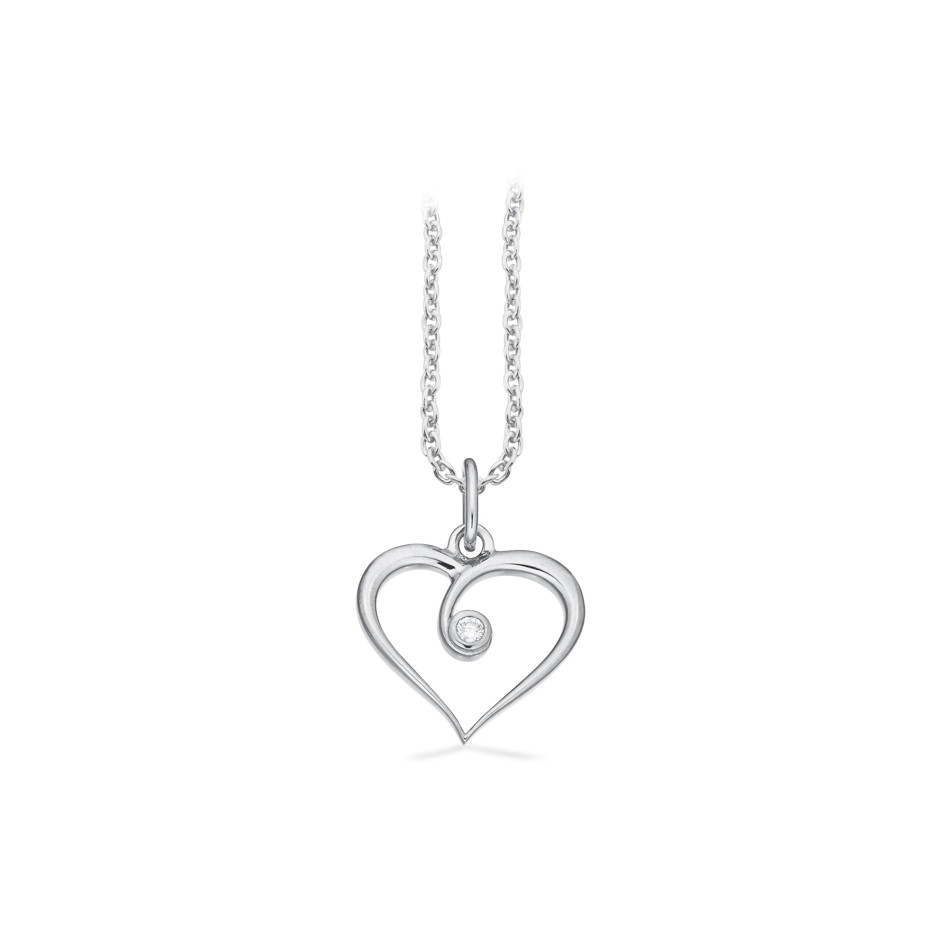 8 kt. hv. vedhæng hjerte 0,02ct W.Si m/ sølvkæde