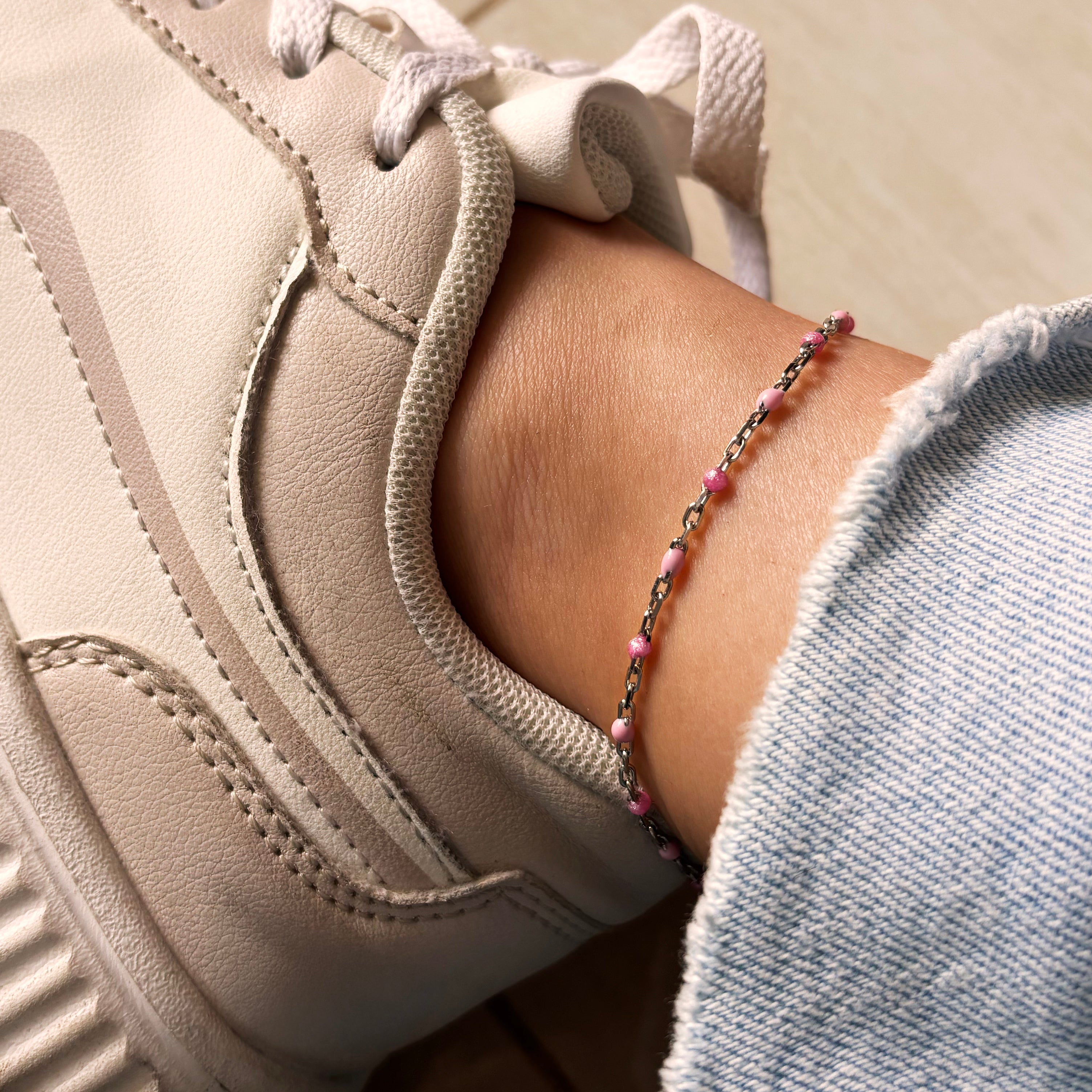 Sølv Ankelkæde m/rosa emalje