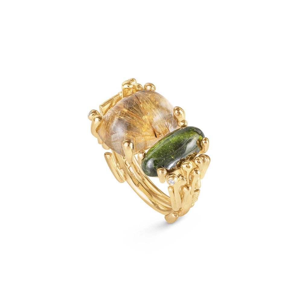 BoHo ring 18 kt. m/rutil og grøn turmalin