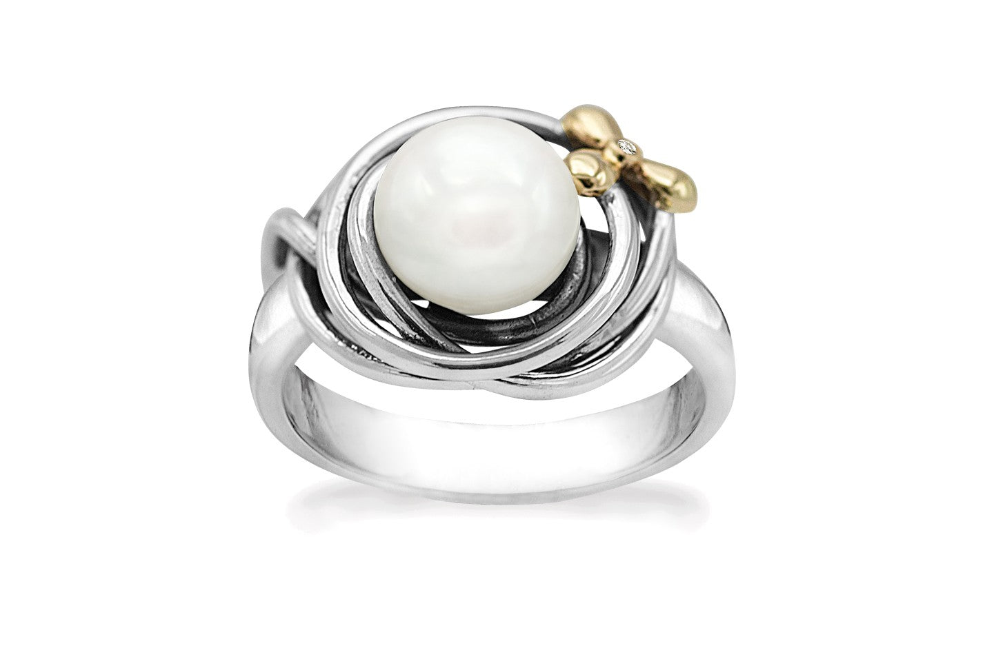 Sølv ox. ring med perle og 14kt. blomst m. 0,005ct*