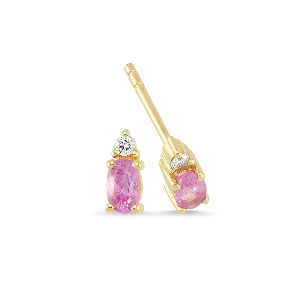 14 kt. Petit ørestikker m. oval pink safir og 2x0,025 ct. W-si