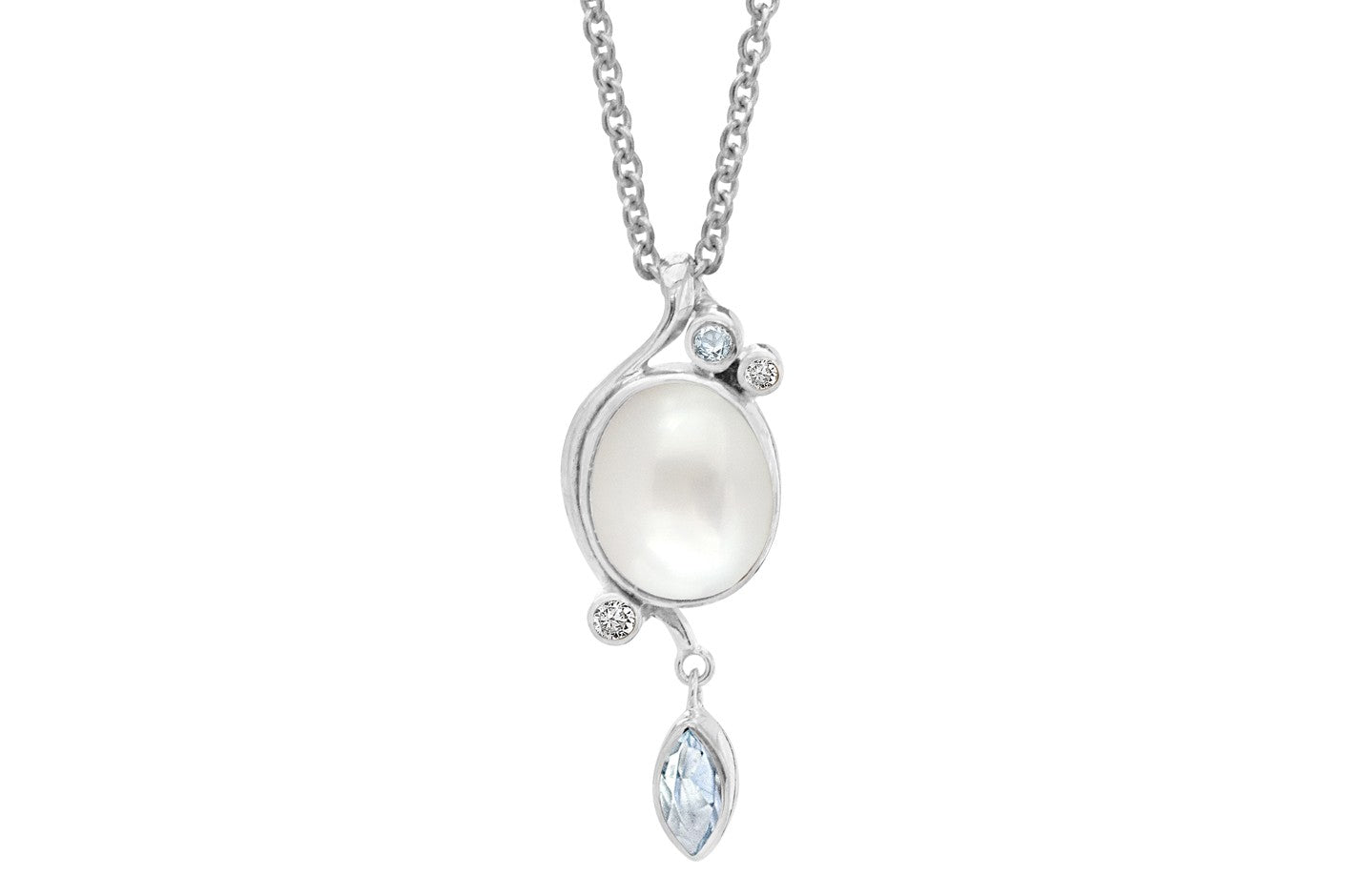 Sølv collier m/perle,sky blue  & hvid topas