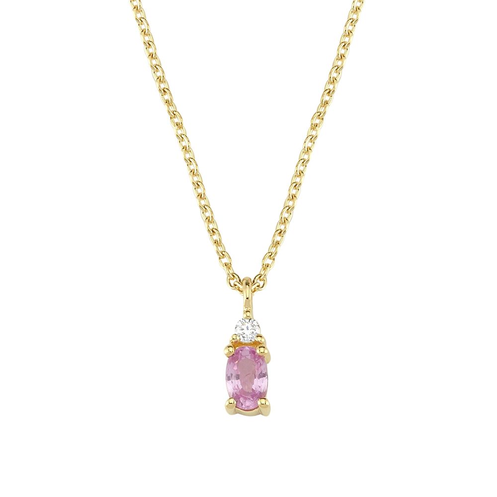 14 kt. Petit halskæde m/pink safir og brillant 0,025ct. W.SI
