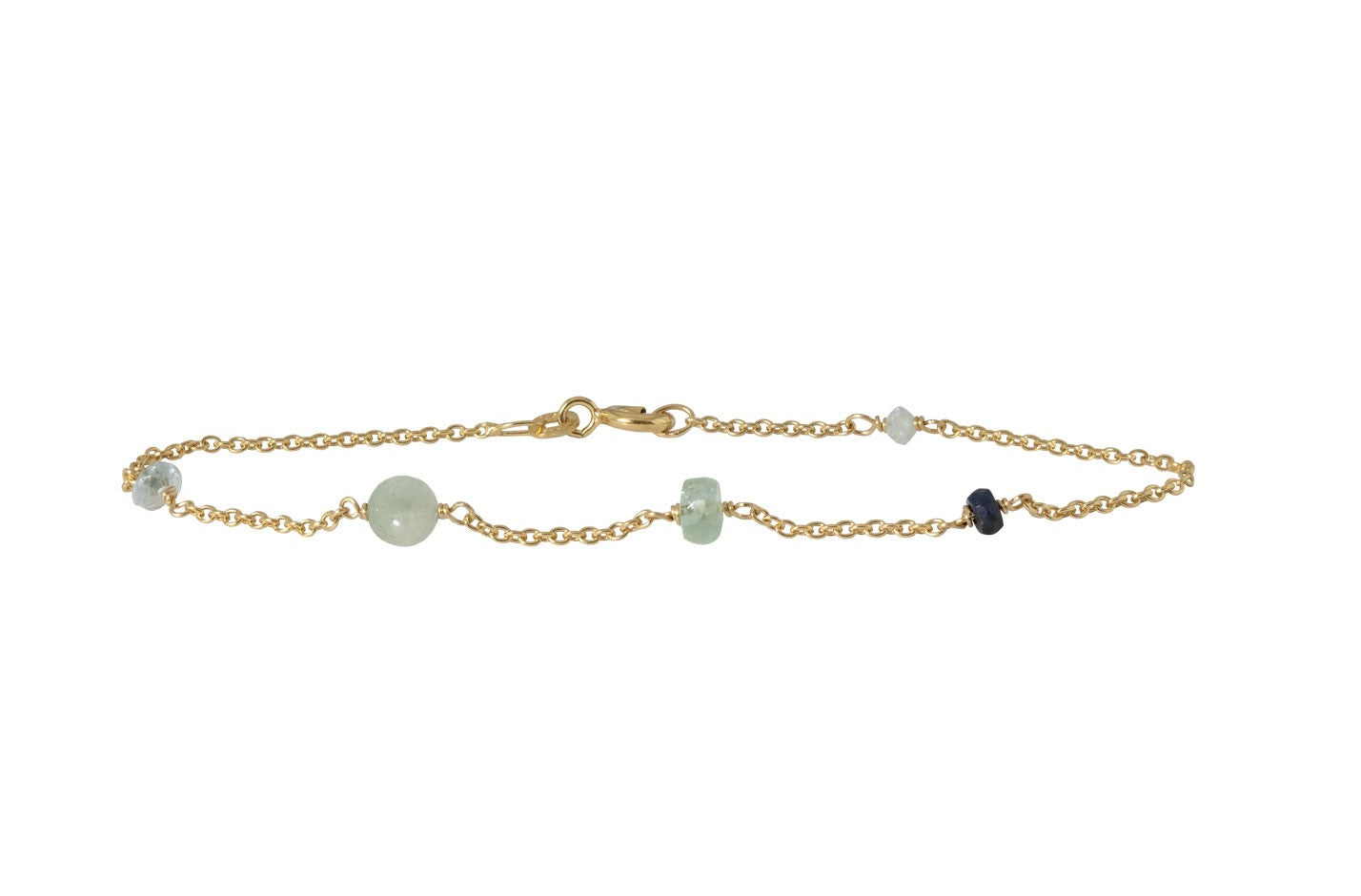 14 kt. armbånd med akvamarin, smaragd, safir